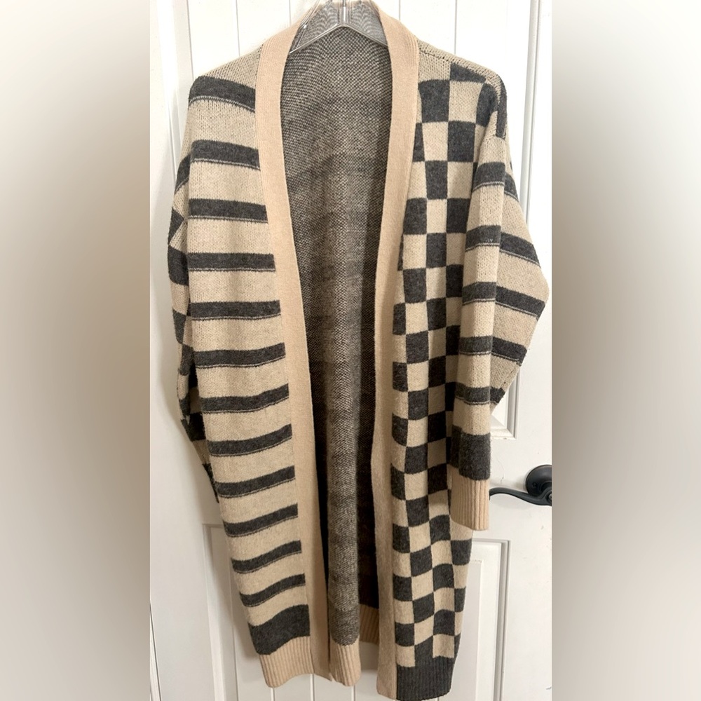 Altar’D State, cozy long sweater, cardigan, wide stripe and checkerboard pattern